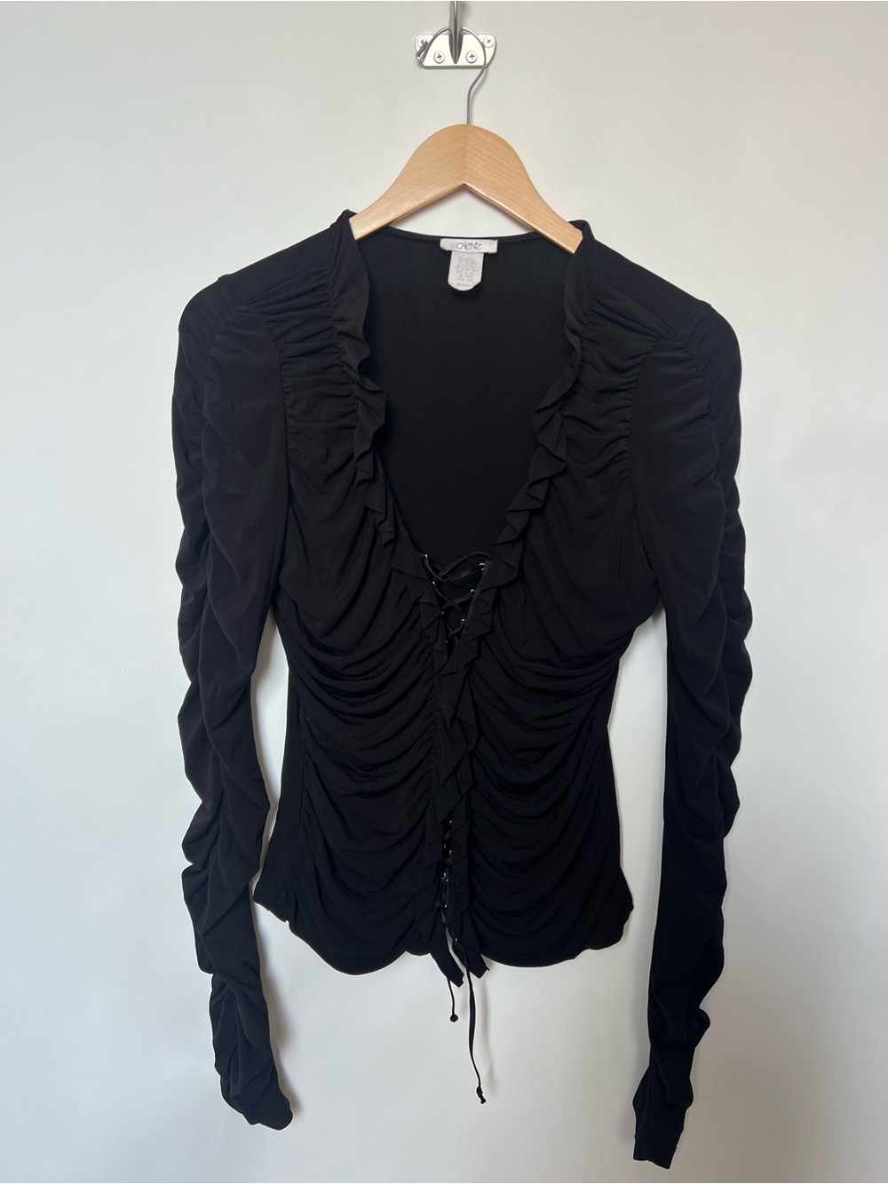 Cache Black Ruched Lace-Up Corset Top Ruffle Trim Long Sleeve Y2K Medium - Picture 2 of 6